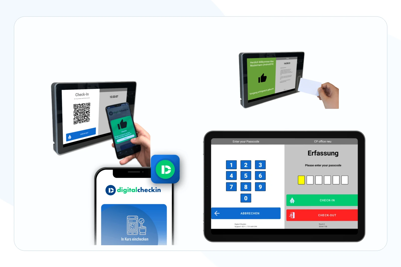 Erfassungswege: App, QR-Code, NFC-Karte und CheckPoint-Terminal